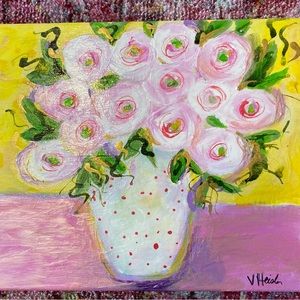 Pink Peonies By Saffron Colored Wall Acrylic Original Painting  14”x11”